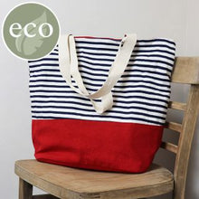 Load image into Gallery viewer, Navy striped cotton Beach bag with deep red colour block
