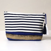 Load image into Gallery viewer, Navy Striped Cotton Make-up/Wash Bag with Bright Blue Colour Block Base

