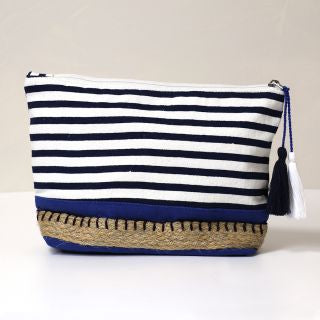 Navy Striped Cotton Make-up/Wash Bag with Bright Blue Colour Block Base