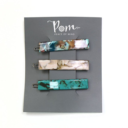 3 PACK TURQOISE MIX SHELL EFFECT HAIR SLIDES - Zebra Blush