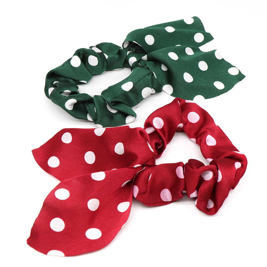 RED GREEN 2 PACK OF SATIN SPOTTED SCRUNCHIES