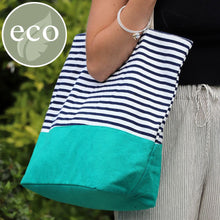 Load image into Gallery viewer, Navy Striped Cotton Beach Bag with Emerald Colour Block Base
