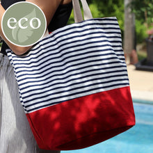 Load image into Gallery viewer, Navy striped cotton Beach bag with deep red colour block
