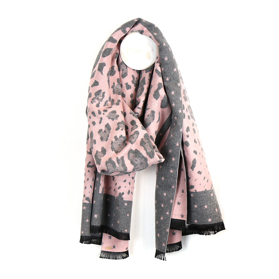 GREY PINK SOFT LEOPARD PRINT SCARF WITH STAR BORDER