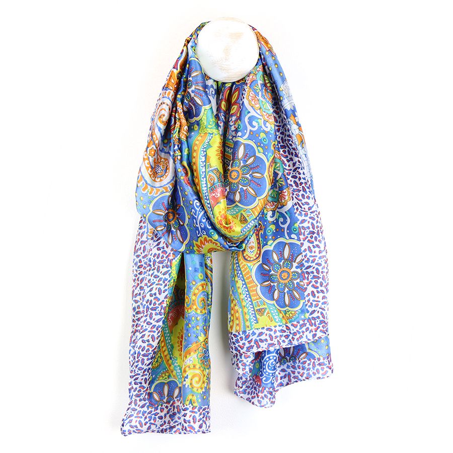 AQUA/BLUE MIX BRIGHT PAISLEY SILK FEEL SCARF - Zebra Blush