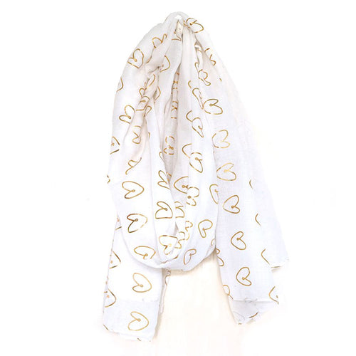 GOLD HEARTS FOIL ON WHITE POLYESTER SCARF - Zebra Blush