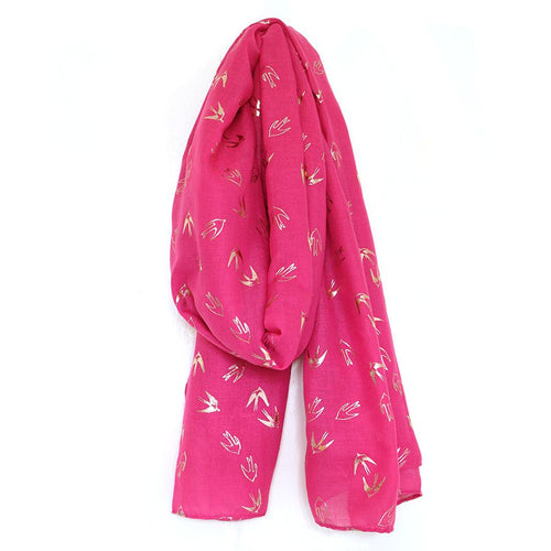 ROSE GOLD FOIL SWALLOW ON HOT PINK POLYESTER SCARF - Zebra Blush