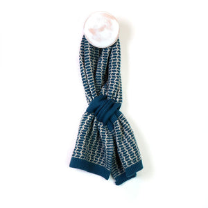 DARK TEAL OFF WHITE KNITTED SCANDI PATTERN SHORT PULL THROUGH SCARF