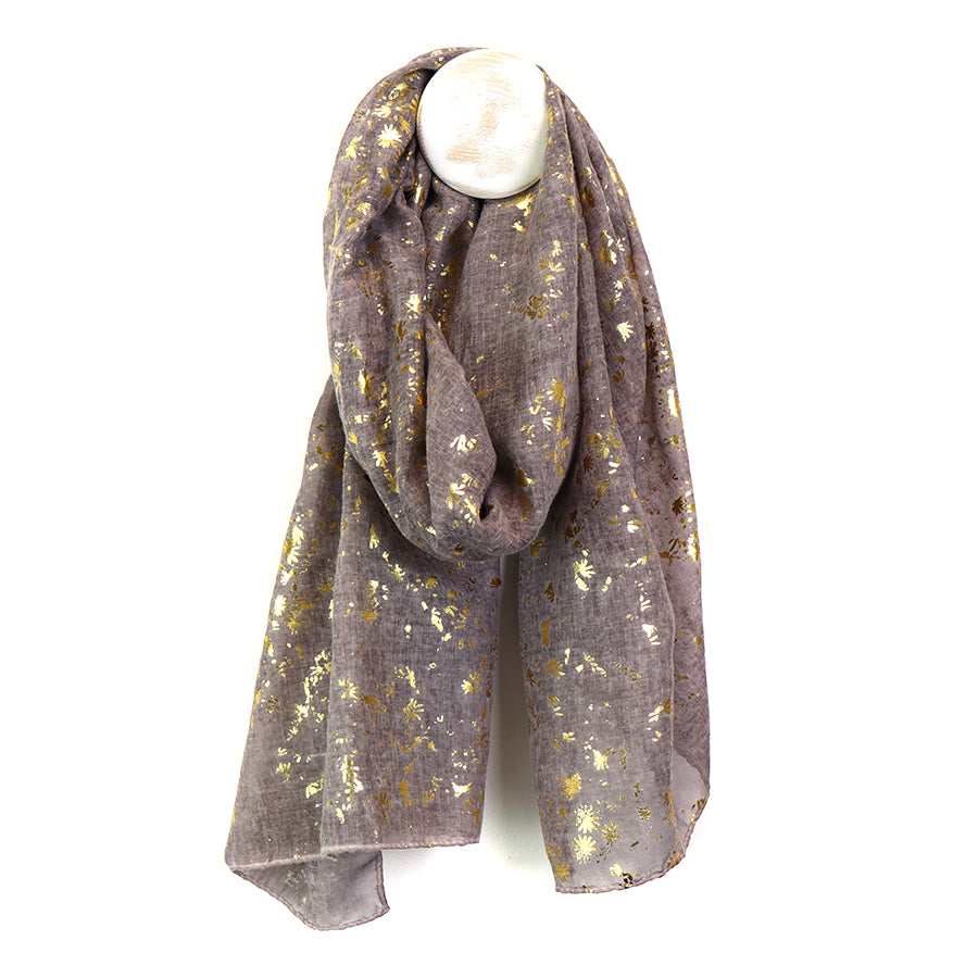 MOCHA WASHED POLYESTER SCARF WITH GOLD FOIL SCATTERED LEAF PRINT
