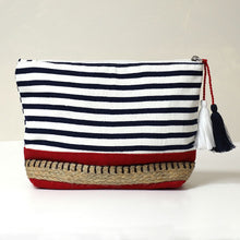 Load image into Gallery viewer, Navy Striped Cotton Make-up/Wash bag With Deep Red Colour Block Base
