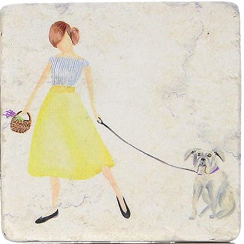 Girl with Dog Coaster (Yellow skirt)-10cm - Zebra Blush