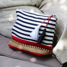 Load image into Gallery viewer, Navy Striped Cotton Make-up/Wash bag With Deep Red Colour Block Base
