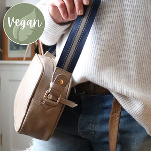 CAMEL VEGAN LEATHER CAMERA BAG WITH BLUE STRIPED WOVEN STRAP
