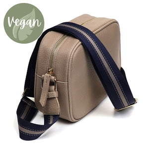 CAMEL VEGAN LEATHER CAMERA BAG WITH BLUE STRIPED WOVEN STRAP