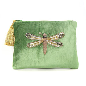 DARK GREEN VELVET DRAGONFLY EMBROIDERED AND BEADED ZIP PURSE/POUCH