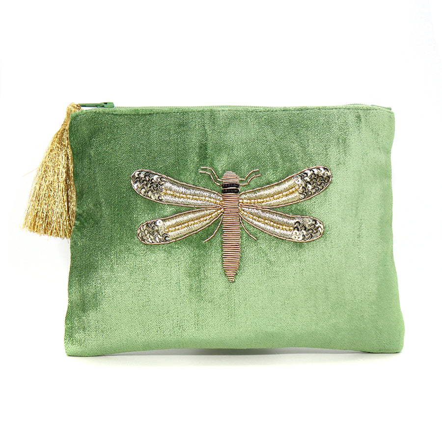 DARK GREEN VELVET DRAGONFLY EMBROIDERED AND BEADED ZIP PURSE/POUCH