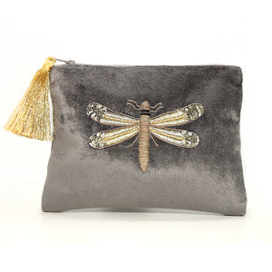 GREY VELVET DRAGONFLY EMBROIDERED AND BEADED ZIP PURSE/POUCH