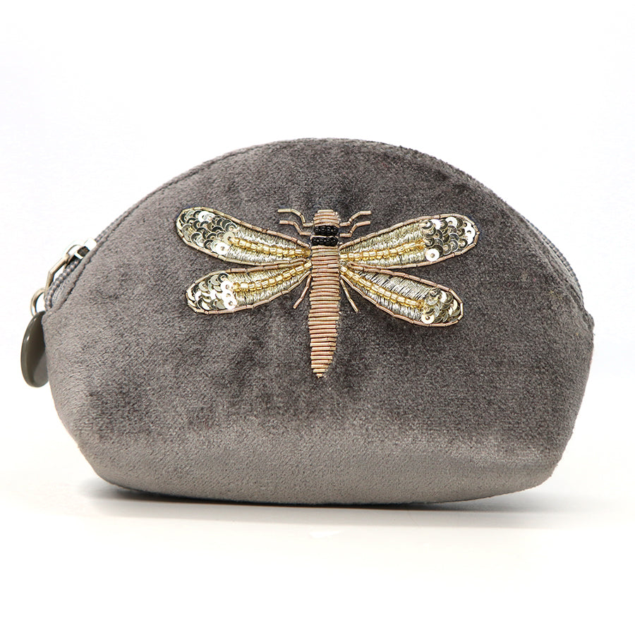 GREY VELVET DRAGONFLY EMBROIDERED AND BEADED D SHAPE COIN PURSE