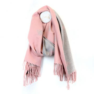 PALE PINK/GREY REVERSIBLE JACQUARD BEE SCARF WITH FRINGED EDGE - Zebra Blush