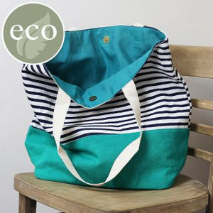 Navy Striped Cotton Beach Bag with Emerald Colour Block Base