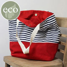 Load image into Gallery viewer, Navy striped cotton Beach bag with deep red colour block
