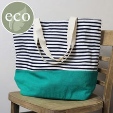 Load image into Gallery viewer, Navy Striped Cotton Beach Bag with Emerald Colour Block Base
