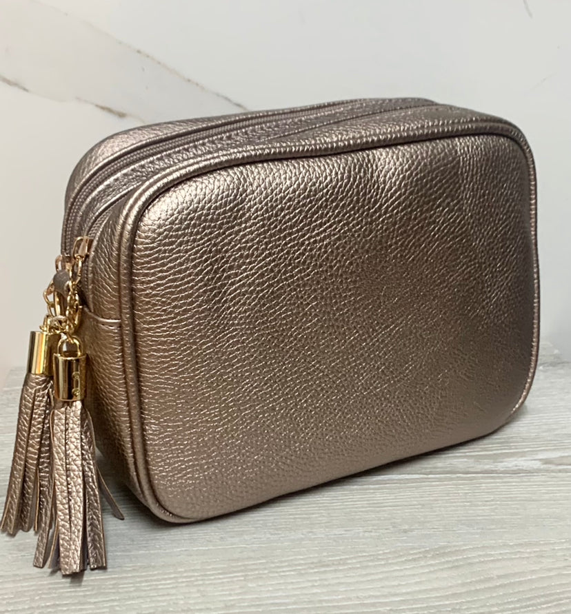Cross Body Bag Rose Gold Double Zip - Zebra Blush