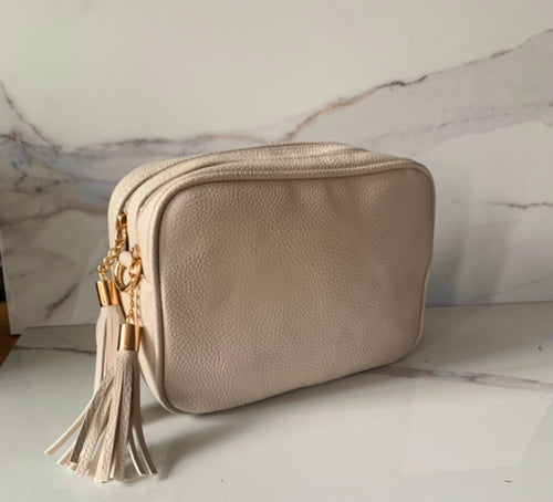 Cross Body Bag, Beige Double Zip - Zebra Blush