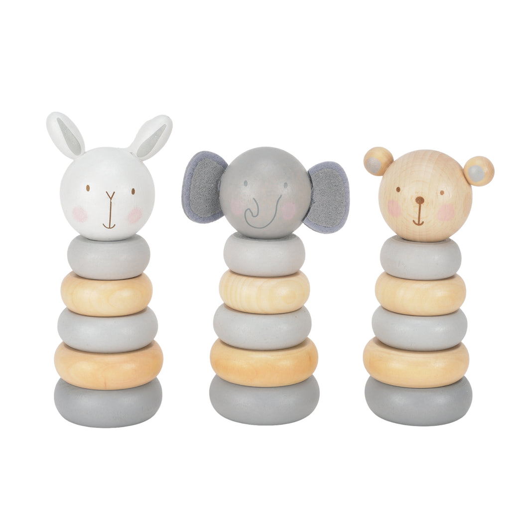 Wooden Stacking Toy CDU  Assorted Elephant, Bear, Bunny - Zebra Blush