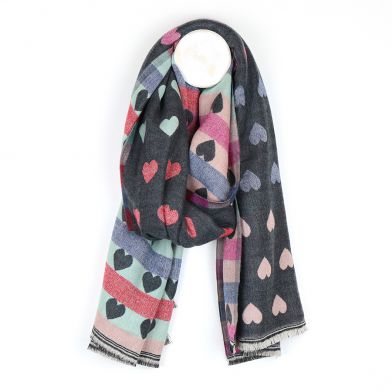 GREY MULTICOLOURED PASTEL HEARTS OMBRE JACQUARD SCARF - Zebra Blush