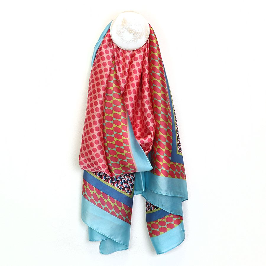 SILKY CORAL AND RED MIXED SPOT SCARF WITH BLUE AND YELLOW BORDERS
