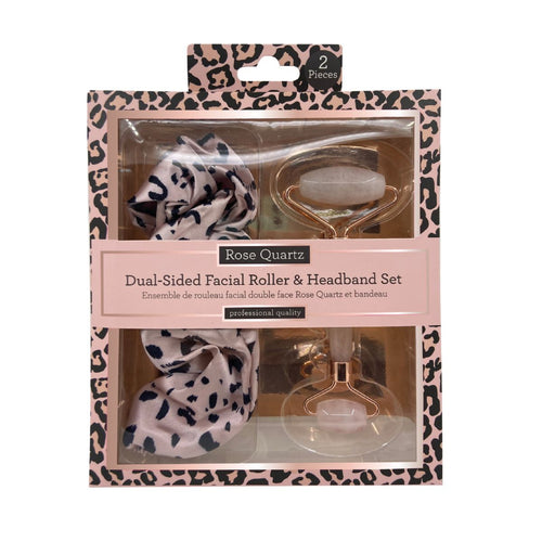 Leopard Print Rose Quartz Roller & Satin Headband - Zebra Blush